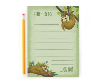 Sloths To-Do Notepad for Daily Lists, Illustrated Cute Sloths in Green Fauna on lined  Memopad, Whimsical Stationery Gift for Productivity