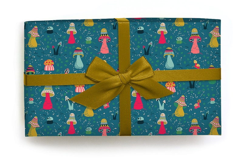 Mushroom Wrapping Paper Roll for Holiday Gifts on blue background Gender Neutral Whimsical Wrapping Paper Roll of 3 sheets