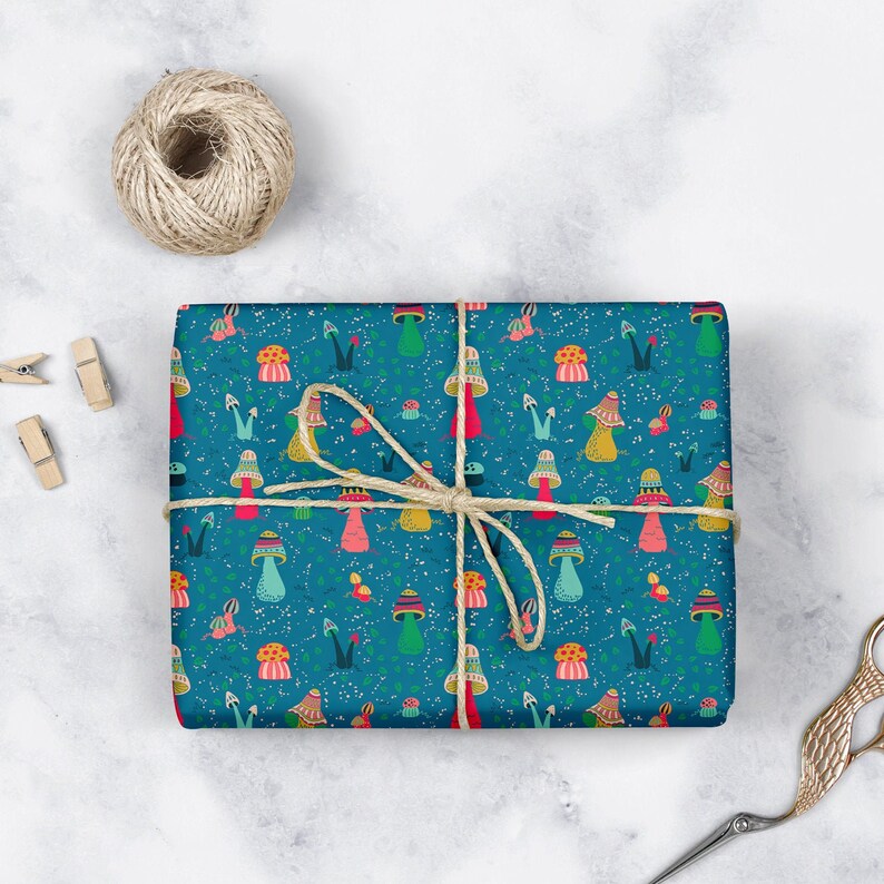 Mushroom Wrapping Paper Roll for Holiday Gifts on blue background Gender Neutral Whimsical Wrapping Paper Roll of 3 sheets