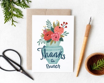 Thank You Card Floral Bouquet Design, Thanks a Bunch Floral Arrangement in Vase Illustration on Greeting Card, Gratitude Card