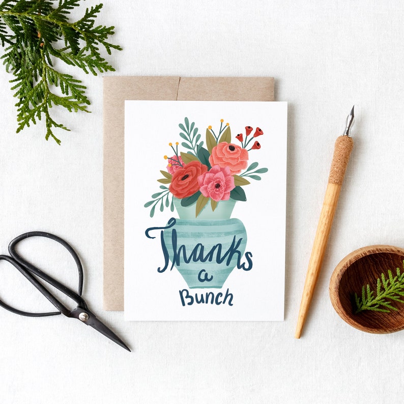 Thank You Card Floral Bouquet Design, Thanks a Bunch Floral Arrangement in Vase Illustration on Greeting Card, Gratitude Card image 1