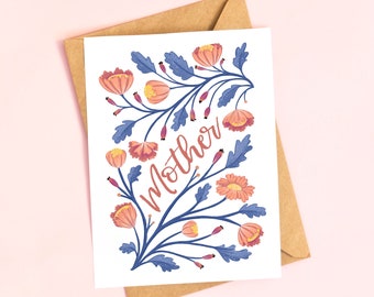 Floral Mothers Day Card with Pink Flowers and hand lettering, Illustrated Greeting Card Gift for Mom, Pretty card for mommy