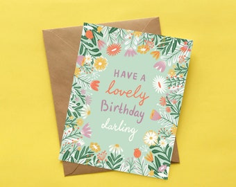 Floral Border Birthday Card for Her with Illustrated Flowers, Blank A2 Feminine Greeting Card for her bday