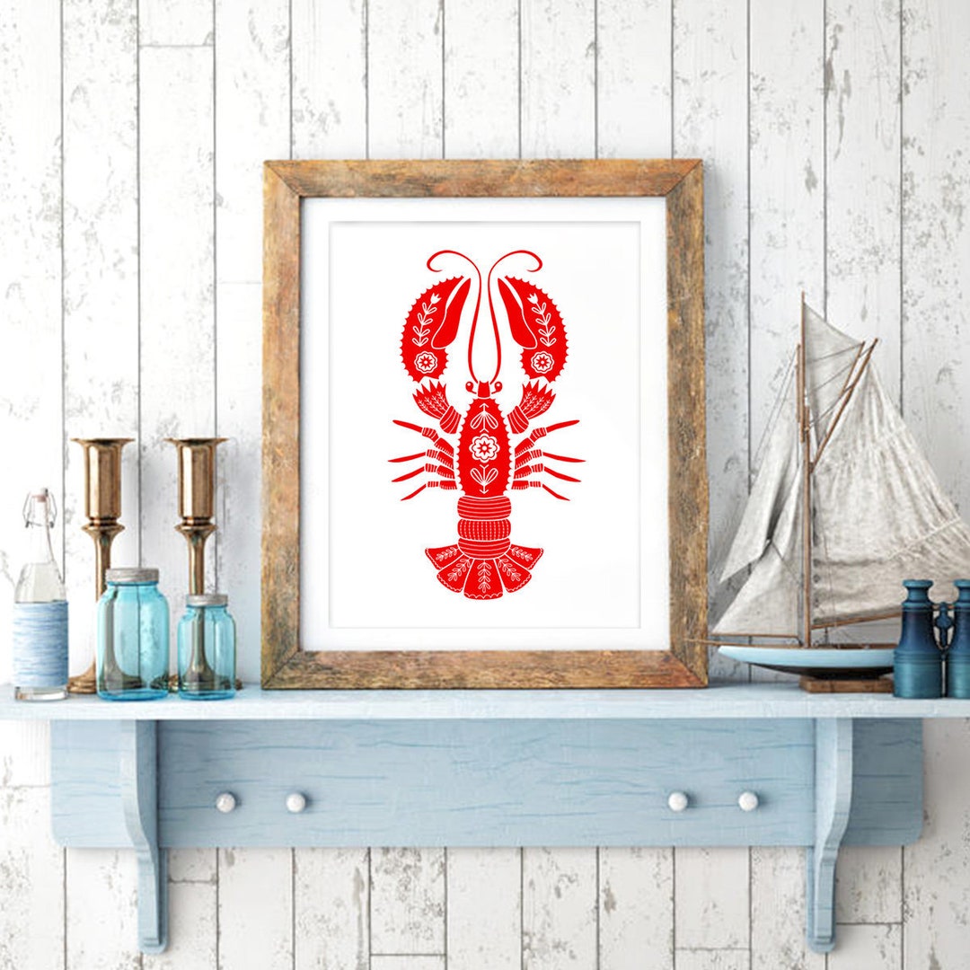 Red Lobster Art Print in Scandinavian Folk Illustration Style, Red ...