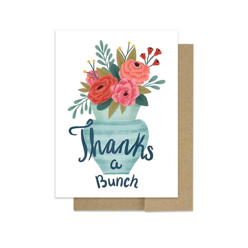 Thank You Card Floral Bouquet Design, Thanks a Bunch Floral Arrangement in Vase Illustration on Greeting Card, Gratitude Card image 2