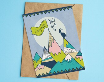 Congratulations Greeting Card with a Goat on Mountain, Reaching New Heights Blank Card, Climb Mountains Card for Graduate, You did it card