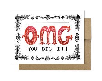 OMG Congrats Card in Folk Style, You Dit It Celebration Greeting Card, Congratulations Card in Black and Red on Recycled Paper