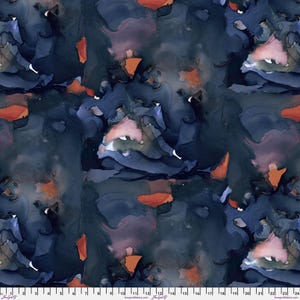 May include: Abstract fabric with a dark blue, orange, and pink watercolour design. The pattern features flowing shapes and colour gradients, creating a dynamic and artistic look. The fabric is suitable for various craft projects.