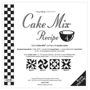 May include: A white and black Cake Mix Recipe card set with the text "Cake Mix Recipe" and "Piecing Made Easy!". The set includes 44 recipe cards and instructions for making quilt blocks.