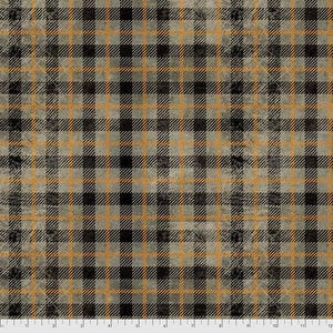 May include: A fabric with a plaid pattern in black, grey, and orange. The design features a distressed, textured appearance, with the grid lines intersecting to create a classic plaid design. The fabric is suitable for various crafting projects.
