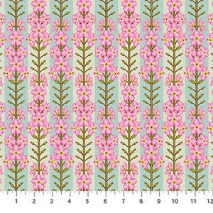 May include: A fabric with a repeating floral pattern. Pink flowers bloom on vertical stems against a light blue and green striped background. The pattern is measured with an inch ruler at the bottom.