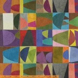 Puede incluir: Un colorido patrón geométrico abstracto con cuadrados y rectángulos llenos de varias formas y colores. El diseño incluye tonos de naranja, verde, azul, morado y amarillo. El patrón recuerda a una obra de arte moderna.