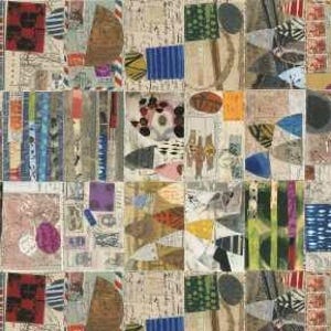 May include: A colorful abstract collage composed of various shapes, patterns, and textures. The artwork incorporates elements like postage stamps, handwritten script, and geometric forms in shades of red, blue, green, and brown. The composition is divided into rectangular sections, creating a patchwork effect.
