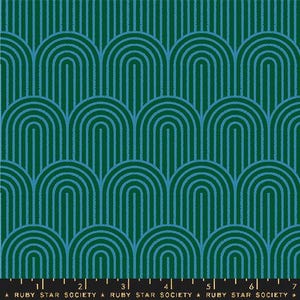 May include: A patterned fabric featuring a design of blue arches set against a green backdrop. The arches are arranged in a repeating pattern. The bottom of the image has text that reads "RUBY STAR SOCIETY".