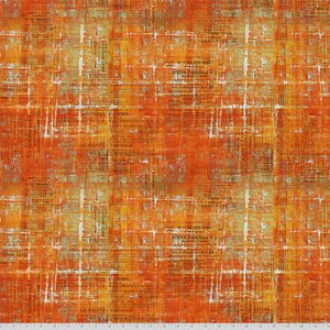 Puede incluir: Tejido abstracto con un diseño texturizado y desgastado. El patrón presenta una mezcla de tonos naranja, amarillo y blanco, con elementos de texto tenues y una superposición en forma de cuadrícula. El efecto general es vintage y artístico.