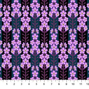 May include: A fabric with a repeating floral pattern. Vertical rows of purple flowers with green stems and leaves are set against a black and teal striped background. The pattern is measured in inches.