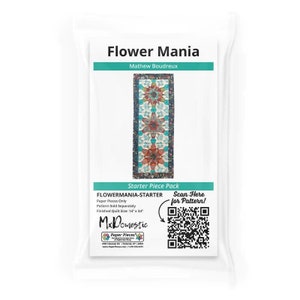 May include: Flower Mania quilt pattern starter pack by Mathew Boudreux. The pack includes paper pieces for a quilt measuring 35.5 cm by 86.3 cm. A QR code is included to scan for the pattern.