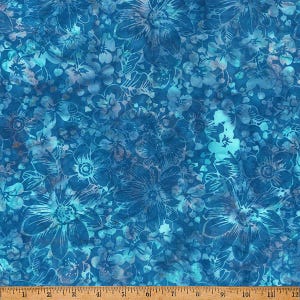 May include: Blue floral fabric with a watercolor effect. The fabric features a dense pattern of large and small flowers in shades of blue and teal. The design includes detailed outlines and subtle shading, creating a textured appearance. The fabric is suitable for various sewing projects.