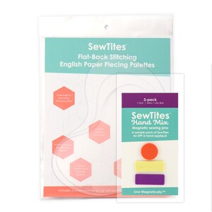 Pode incluir: Um pacote de SewTites Flat-Back Stitching English Paper Piecing Palettes e alfinetes magnéticos SewTites Hand Mix. O pacote Hand Mix inclui alfinetes laranja, amarelos e roxos. A embalagem apresenta texto e diagramas.
