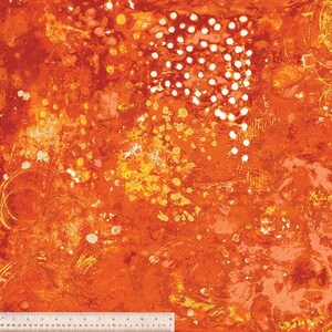 May include: Abstract fabric with a vibrant orange and yellow color palette. The design features splatters, dots, and swirling patterns, creating a textured and artistic appearance. The fabric is suitable for various craft projects.