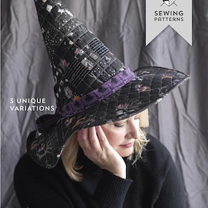 May include: A black quilted witch hat sewing pattern with a patchwork design and a purple band. The text "the Spellbound Hat" and "3 UNIQUE VARIATIONS" are visible. The hat is a sewing pattern by Melissa Mortenson.
