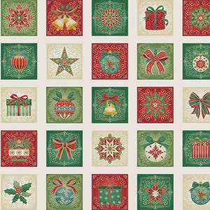 May include: A fabric pattern featuring a grid of square tiles with Christmas motifs including red and green gift boxes, gold bells, stars, bows, and ornaments, all decorated with intricate swirling filigree on a cream-colored background.