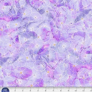 May include: A fabric pattern featuring a repeating design of stylized, overlapping floral shapes in shades of purple and lavender. The flowers have white outlines and yellow centers, creating a textured, artistic look.