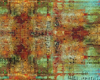 May include: Textured fabric with a vintage, distressed design. The colour palette includes orange, green, and teal, with overlaid text and grid patterns. The fabric has a textured appearance, reminiscent of a mixed media or collage style.