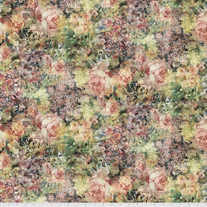 Peut inclure: Un tissu avec un motif floral vintage. Le motif présente un arrangement dense de roses, d'hortensias et d'autres fleurs dans des tons de rose, de jaune, de vert et de violet. L'effet global est un aspect doux et texturé.