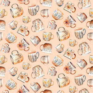 May include: A repeating pattern of watercolor mugs in various sizes and designs. The mugs feature floral and leaf motifs in shades of orange, brown, and blue. The background is a soft peach color, creating a warm and inviting aesthetic.