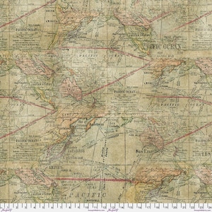 Peut inclure: Une carte de style vintage avec un fond beige et des lignes rouges délavées. La carte présente des continents, des océans et des étiquettes de texte telles que "Pacific Ocean" et "United States". Le design évoque l'exploration et le voyage.
