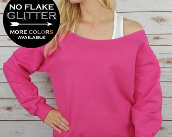 CUSTOM PERSONALIZED Raw Edge Off Shoulder Sweatshirt - Choose from loads of shirt colors, 15 glitter colors and sizes SM-4XL