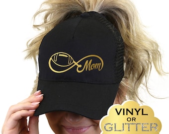 Football Mom Ponytail Hat, Mother&#39;s Day Football Hat, Baseball Cap, Messy Bun Hat, Gift for Sports Mom, Gift for Her (BD1142) Ponyhat