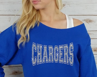 Chargers sweatshirt Off Shoulder Raw Edge // GLITTER // Chargers football, football jersey, plus size, women's Chargers long sleeve