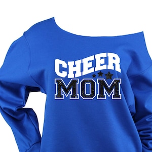 Cheer Mom Sweatshirt Off Shoulder, Raw Edge, Cheer shirt, cheerleader, plus sizes available (BD947) 562 royal