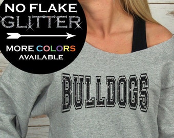 Bulldogs Off Shoulder Raw Edge Sweatshirt for Women GLITTER // School Shirt, Mascot, School Spirit, Team Spirit, Plus Sizes (Black Glitter)