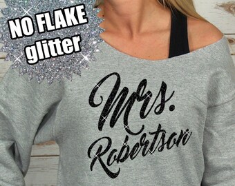 Mrs Sweatshirt Off Shoulder Raw Edge Personalized Sweatshirt for Women GLITTER, Plus Sizes