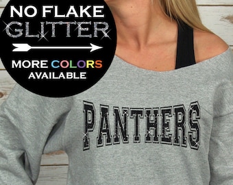 Panthers Off Shoulder Raw Edge Sweatshirt for Women GLITTER // School Shirt, Mascot, Football, School Spirit, Plus Sizes (Black Glitter)