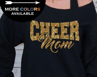 Cheer Mom Off Shoulder Raw Edge Sweatshirt for Women GLITTER, Mom Sweatshirt, Cheer Shirt, Cheerleader, Plus Sizes (Gold Glitter)