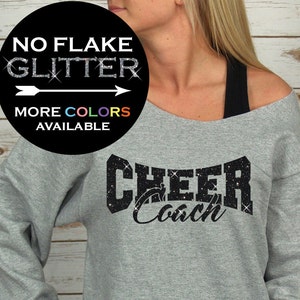 Cheer Coach Off Shoulder Raw Edge Sweatshirt for Women GLITTER // Coach Sweatshirt, Cheer Shirt, Cheerleader, Plus Sizes