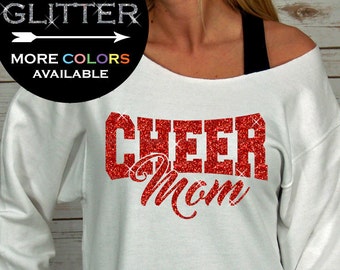 Cheer Mom sweatshirt Off Shoulder Raw Edge GLITTER, cheerleading, cheerleader cheer shirts, cheer mom shirt, cheer shirt, Plus Sizes
