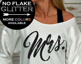 Mrs Off Shoulder Raw Edge Sweatshirt for Women GLITTER, Bride Sweatshirt, Mrs Sweater, Wifey Shirt Plus Sizes (Black Glitter)