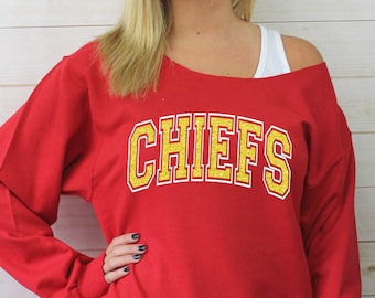 Chiefs Off Shoulder Sweatshirt Raw Edge Chiefs shirt, Chiefs football, Chiefs baseball, Chiefs basketball, yellow glitter-white vinyl