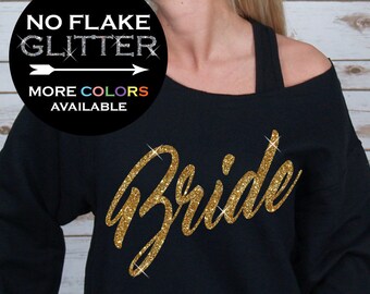 Bride Off Shoulder Raw Edge Sweatshirt for Women GLITTER, Bride Sweatshirt, Mrs Sweater, Wifey Shirt Plus Sizes (Gold Glitter)