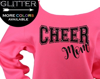 Cheer Mom Off Shoulder Raw Edge Sweatshirt for Women GLITTER, Mom Sweatshirt, Cheer Shirt, Cheerleader, Plus Sizes Available