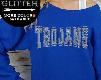 TROJANS Off Shoulder Raw Edge Sweatshirt for Women // GLITTER // Mascot Sweatshirt, Football Shirt, Sports Tee, Plus Sizes (Silver Glitter)