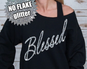 GLITTER Blessed Off Shoulder Raw Edge Sweatshirt for Women, yall need jesus, church shirt, blessed tee, (562MR Black)