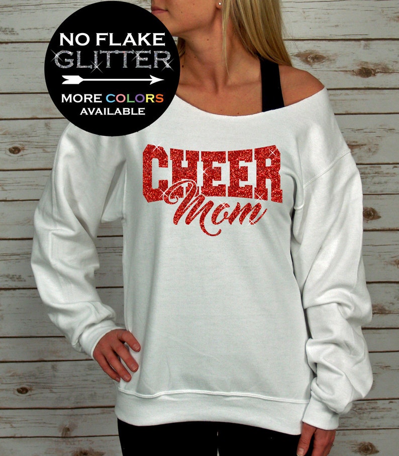 Cheer Mom sweatshirt Off Shoulder Raw Edge GLITTER, cheerleading, cheerleader cheer shirts, cheer mom shirt, cheer shirt, Plus Sizes image 1