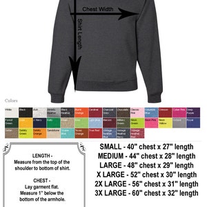 May include: Dark gray unisex off-the-shoulder sweatshirt. The image shows the shirt's measurements: chest width and shirt length. Available colors are listed below the shirt, along with size details: Small to 3X Large.