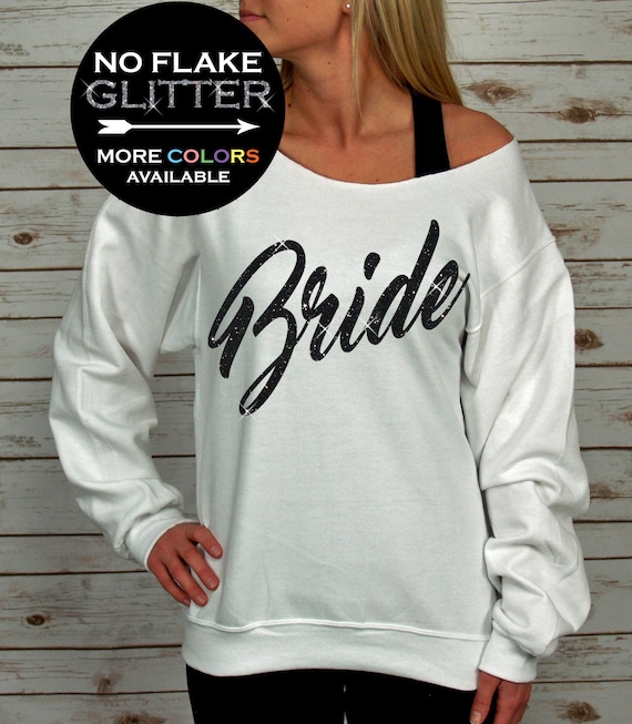 Bride Off Shoulder Raw Edge Sweatshirt for Women GLITTER, Bride Sweatshirt, Mrs Sweater, Wifey Shirt Plus Sizes (Black Glitter)